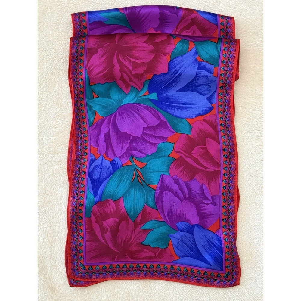 Vintage 1991 Liz Claiborne 100% Silk Scarf Floral Jewel Tone Made in Japan 11x52
